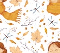 Autumn halloween mood. Seamless pattern with illustration of portrait of girl in scarf, leaves, branch, hawthorn berries