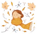 Autumn halloween mood. Watercolor set with illustration of portrait of girl in scarf, leaves, branch, hawthorn berries Royalty Free Stock Photo