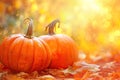 Autumn Halloween pumpkins. Orange pumpkins over bright autumnal nature background