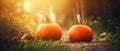 Autumn Halloween pumpkins. Orange pumpkins over nature background pumpkin on grass Generative AI Royalty Free Stock Photo