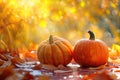 Autumn Halloween pumpkins. Orange pumpkins over bright autumnal nature background