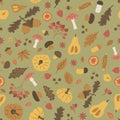 Autumn Halloween seamless pattern. Vector illustration of acorn boletus, fly agaric, viburnum, leaves maple oak, corn, pumpkin, Royalty Free Stock Photo