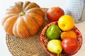 Autumn Halloween or thanksgiving day table setting. pumpkin, plate with vegetables on wooden table. Thanksgiving background . Top Royalty Free Stock Photo