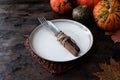 Autumn Halloween or thanksgiving day table setting. Thanksgiving Royalty Free Stock Photo