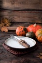 Autumn Halloween or thanksgiving day table setting. Thanksgiving Royalty Free Stock Photo
