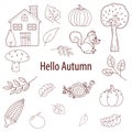 Autumn hand draw doodle bundle of cozy design elements. Set of fall twigs with leaves, Foliage, Cottage, Pumpkins vecotr