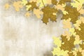 Autumn Brown gold and yellow fall leaf right artistic layered dimensional design on left side of grunge background