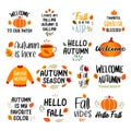 Autumn hand drawn lettering set. Autumn phrases with slogan stickers bundle design