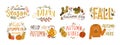Autumn hand drawn lettering vector set. Fall season handwritten slogan stickers pack. Autumn phrases with cute and cozy