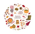 Autumn hand drawn vector illustrations collection. Fall season cozy attributes cliparts bundle. Autumn accessories