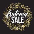 Autumn hand written lettering. Golden, black and white color. Fall sale banner design.