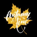 Autumn hand written lettering. Golden, black and white color. Fall time banner design. Vector illustration