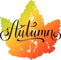 Autumn, hand written lettering on silhouette of print of maple leaf
