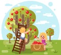 Autumn happy children boy girl harvest apples crop flat design vector illustration