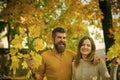 Autumn happy couple of girl and man outdoor. Royalty Free Stock Photo