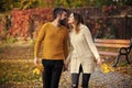 Autumn happy couple of girl and man outdoor. Royalty Free Stock Photo