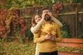 Autumn happy couple of girl and man outdoor. Love relationship and romance. Couple in love in autumn park. Nature season Royalty Free Stock Photo