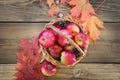 Autumn harvest, apples in basket, colorful leaves on wooden board. Fall still life, close up. Top view. Royalty Free Stock Photo