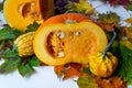 Autumn harvest. Background with maple leaves and slices of pumpkin. Mini decorative pumpkin and a half of big Royalty Free Stock Photo