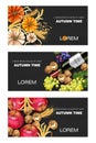 Autumn harvest banners set Vector realistic. Pumpkin, corn, grapes, wine, walnuts. Detailed 3d design. dark backgrounds