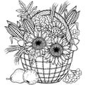 Autumn harvest in a basket for thanksgiving day. Vector coloring page for adult. Black and white basket with leaves Royalty Free Stock Photo