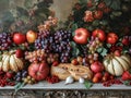 Autumn Harvest Bounty Spread on a Rustic Table The produce blurs with the wood