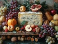 Autumn Harvest Bounty Spread on a Rustic Table The produce blurs with the wood