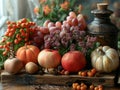 Autumn Harvest Bounty Spread on a Rustic Table The produce blurs with the wood
