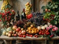 Autumn Harvest Bounty Spread on a Rustic Table The produce blurs with the wood