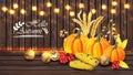 Autumn harvest card Vector realistic with Pumpkin, corn, walnuts. Detailed 3d design. Wooden background with lights