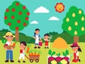 Autumn harvest characters. Fall season garden, farmer with baby harvesting. Agriculture family on vegetable farm, cute