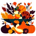 Autumn harvest. Composition with pumpkins, apples, leaves and flowers. Vector illustration. AI generated