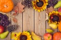 Autumn harvest concept with pumpkin, apples and sunflowers on wooden table. Thanksgiving holiday background. Top view from above Royalty Free Stock Photo