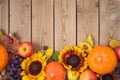 Autumn harvest concept with pumpkin, apples and sunflowers on wooden table. Thanksgiving holiday background. Top view from above Royalty Free Stock Photo