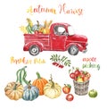 Autumn harvest farm illustration. Red retro pick up track, pumpkins, apples, corn, isolated. Fall season background