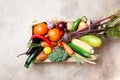 Autumn harvest farm vegetables and root crops on wooden box top view. Healthy and organic food. Royalty Free Stock Photo