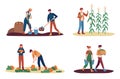 Autumn harvest. Female and male farm workers gathering crops. Man digging up potato, collecting corn. Couple picking up