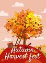 Autumn Harvest Fest. Apple tree with basket of apples, ladder, rural landscape. Fall, harvest, ripe fruits on tree Royalty Free Stock Photo