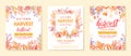 Autumn harvest festival banners with harvest symbols, leaves and floral elements in fall colors