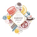 Autumn harvest festival flyer template. Vintage menu design with hand drawn food, drinks, fruits, vegetables, flowers.