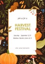 Autumn harvest festival invitation poster flat vector template. Tree branches and leaves botanical banner layout. Forest