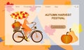 Autumn Harvest Festival. Young autumn woman with hair from leaves rides a Bicycle. Vector website landing page design template