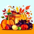 Autumn harvest flat Colorful fall leaves, pumpkins, apples, grapes, berries, leaves on background. AI Generated Royalty Free Stock Photo