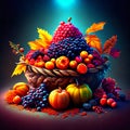 Autumn harvest of fruits in a wicker basket on a dark background AI generated Royalty Free Stock Photo