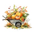 Autumn Harvest Haul: Pumpkin in Wheelbarrow Watercolor Isolated on White Background - Generative AI