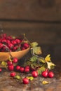 Autumn harvest Hawthorn berry with leaves in bowl on a wooden ta Royalty Free Stock Photo