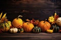 Autumn Harvest and Holiday still life. Selection of various pumpkins on dark wooden background with copy space. Autumn vegetables Royalty Free Stock Photo