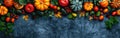 Seasonal Bounty: Top-Down View of Autumn Vegetables, Pumpkins, and Decorative Banner on Textured Concrete Background