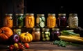 Autumn harvest in jars salted conserved vegetables on wooden rustic background