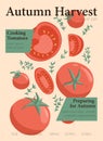 Autumn harvest magazine cover design. Vector veggie tomato cartoon concept.